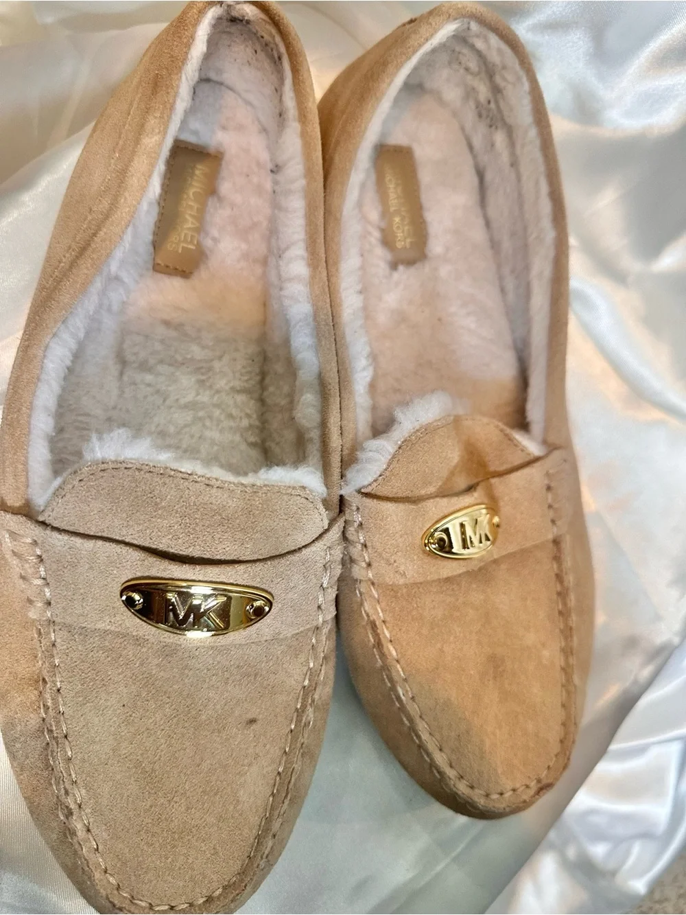 Michael Kors Tan Suede Shearling-Lined Slip-On Loafers